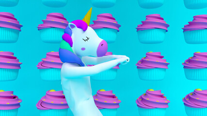 Dance Unicorn funny with a cupcakes background. Silly dancing