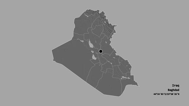 Al-Basrah, province of Iraq, with its capital, localized, outlined and zoomed with informative overlays on a bilevel map in the Stereographic projection. Animation 3D