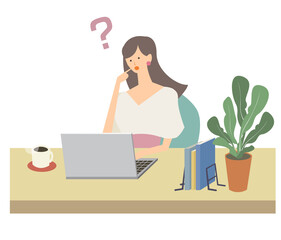 女性　デスクワーク　テレワーク　リモートワーク　ビジネス　自宅　ノートパソコン　ベクター　イラスト