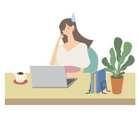 女性　デスクワーク　テレワーク　リモートワーク　ビジネス　自宅　ノートパソコン　ベクター　イラスト