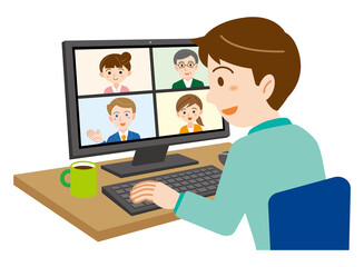 Fototapeta na wymiar 自宅のパソコンでオンライン会議に参加する男性のイラスト/白背景
