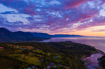 Fototapeta na wymiar Aerial sunset view in Chilean Patagonia of beautiful sunset colors