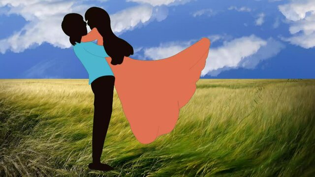 風の強い草原で彼女を抱きあげる男性
A man hugging her in a windy meadow