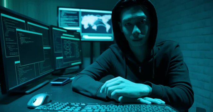 Asian male hacker look screen
