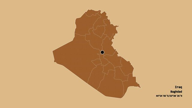 Maysan, province of Iraq, with its capital, localized, outlined and zoomed with informative overlays on a solid patterned map in the Stereographic projection. Animation 3D