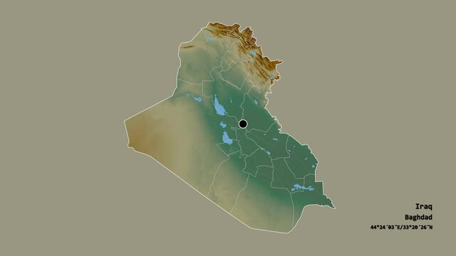 Maysan, province of Iraq, with its capital, localized, outlined and zoomed with informative overlays on a relief map in the Stereographic projection. Animation 3D