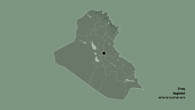 Ninawa, province of Iraq, with its capital, localized, outlined and zoomed with informative overlays on a administrative map in the Stereographic projection. Animation 3D