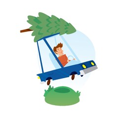 man with christmas tree on cart