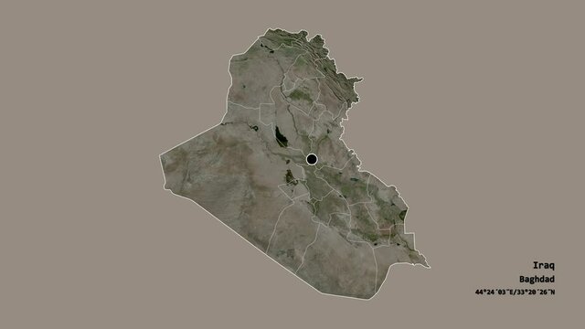 Ninawa, province of Iraq, with its capital, localized, outlined and zoomed with informative overlays on a satellite map in the Stereographic projection. Animation 3D