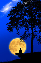 Lonely man on the cliff with big full moon