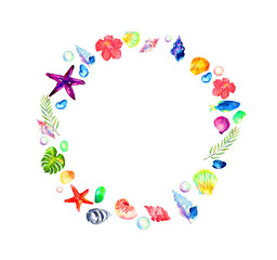 水彩で描いた貝殻の丸いフレーム