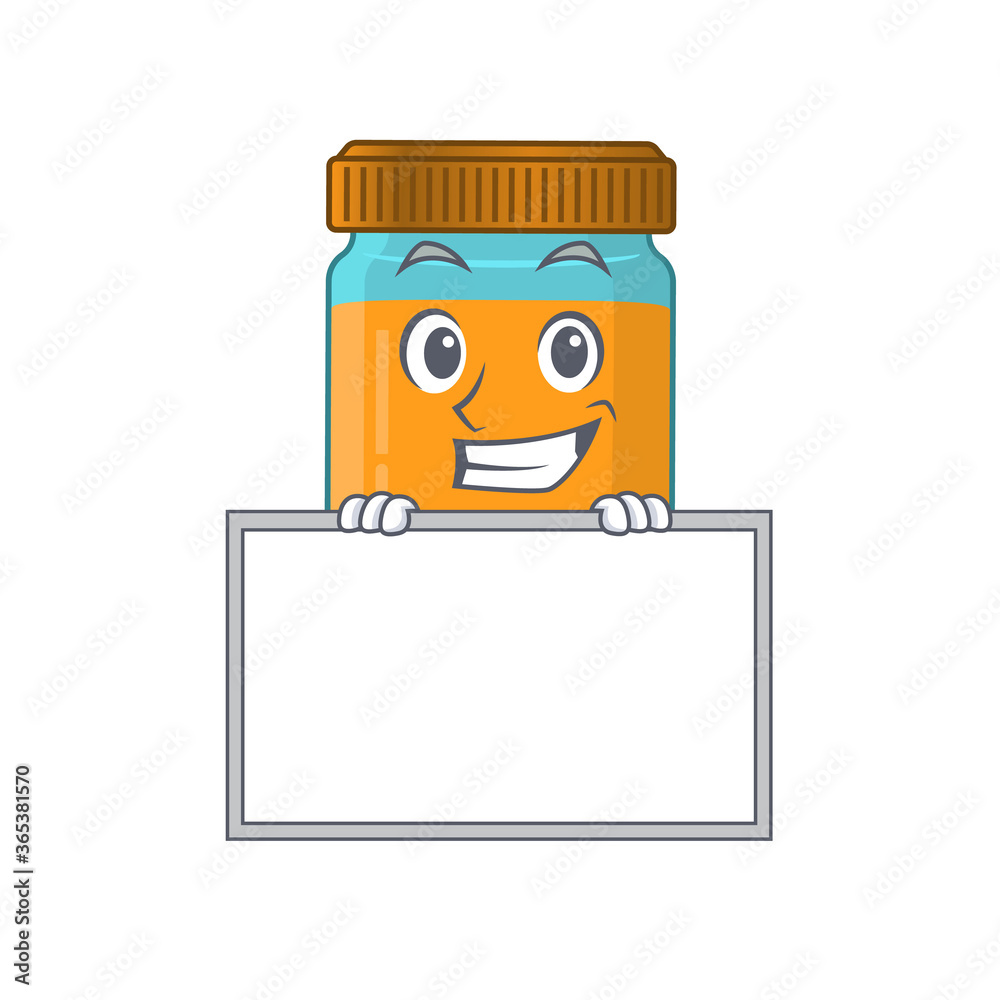 Poster Honey jar cartoon design style standing behind a board