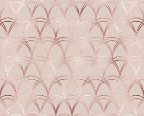 Art deco seamless pattern with rose gold scales and pink glitter texture. 