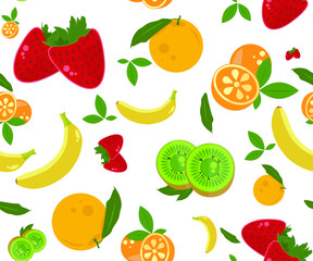 Strawberry, banana, orange, kiwi and leaves fruits pattern illustration vector on transparent background.