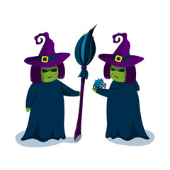 Two witches in hats with broom and spider. Spooky Halloween characters. Vector illustration for Halloween party.
