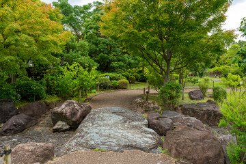 Traditional Japanese garden in Ikeda castle in Osaka, Japan