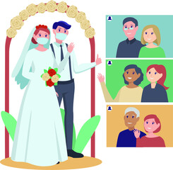 A wedding couple having online wedding ceremony with their relatives