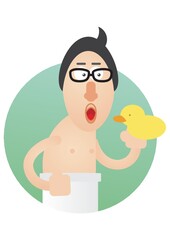 man holding a rubber duck in the shower