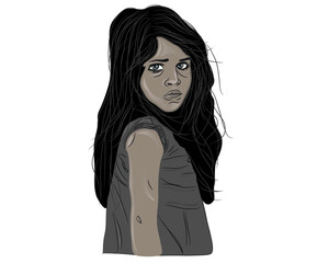 Poor and Sad looking girl child portrait illustration ready to use in white background. Poor Asian female child with dirty cloth wearing.