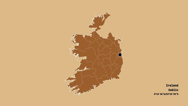 Kildare, county of Ireland, with its capital, localized, outlined and zoomed with informative overlays on a solid patterned map in the Stereographic projection. Animation 3D