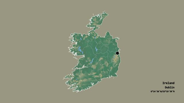 Kildare, county of Ireland, with its capital, localized, outlined and zoomed with informative overlays on a relief map in the Stereographic projection. Animation 3D
