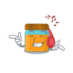 Honey jar Cartoon design concept listening music on headphone