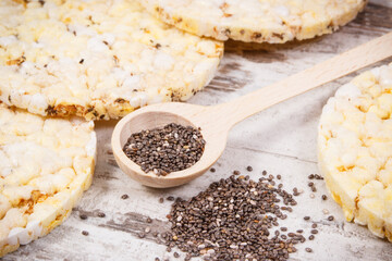 Rice or corn diet bread with chia and spices for breakfast, healthy nutrition concept