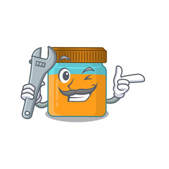 A caricature picture of honey jar working as a mechanic