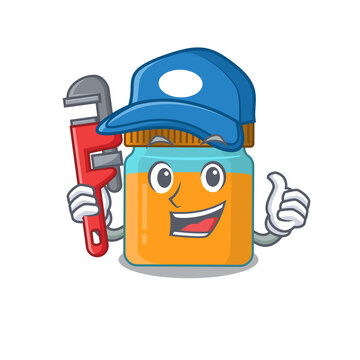 cartoon character design of honey jar as a Plumber with tool