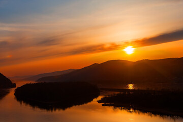 Sunset on the Yenisei River in summer in Siberia