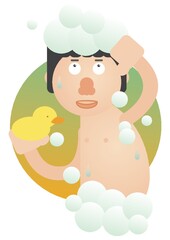 man taking a shower with rubber duck