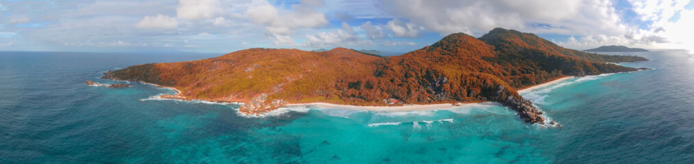 Fototapeta premium La Digue, Seychelles Island. Amazing aerial view of beach and ocean from a drone