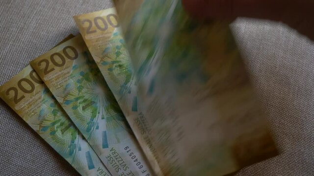 Close up shot of Swiss Money two hundred Chf francs,detail Banknotes