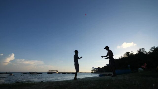 Unrecognizable men flying a kite at the beach at dusk.