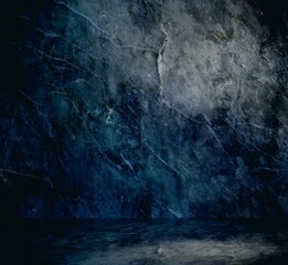 Abandoned room dark blue grunge 3d background. Prison cell interior. Basement rough wall and floor texture. Dark mystery design. 