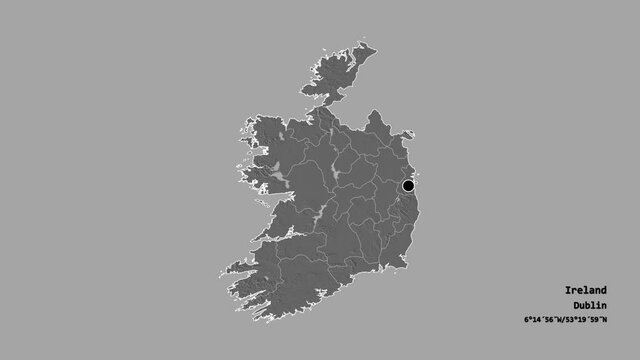 Waterford, county of Ireland, with its capital, localized, outlined and zoomed with informative overlays on a bilevel map in the Stereographic projection. Animation 3D