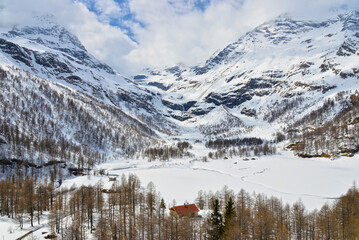 View of snow mountain along Bernina Express train