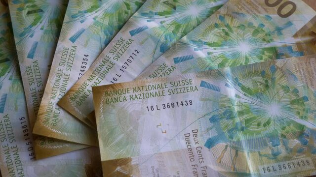 Close up shot of Swiss Money two hundred Chf francs,detail Banknotes