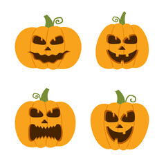 Happy, funny, cute and scary halloween pumpkin set. Holidays cartoon character collection. Vector illustration in flat style.