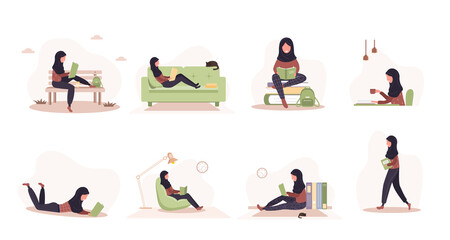 Books lovers. Arab reading women holding books. Preparing for examination or certification. Knowledge and education library concept, literature readers. Set of vector illustration in flat style.