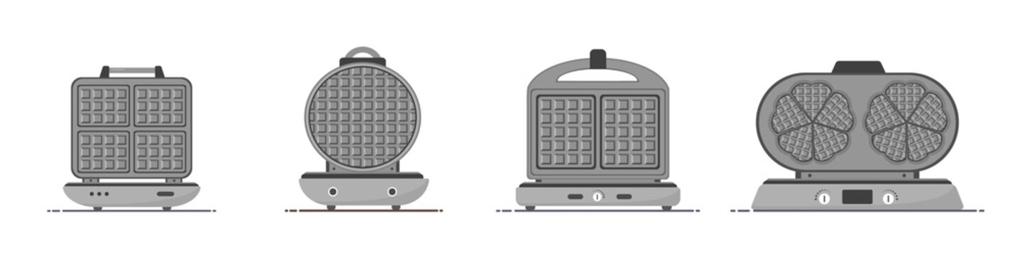 Waffle-iron. Set of waffle makers isolated on white. Cooking breakfast. Modern vector illustration in flat cartoon style.