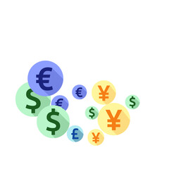 Euro dollar pound yen round symbols flying currency vector background. Investment pattern. Currency 