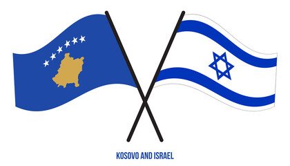 Kosovo and Israel Flags Crossed And Waving Flat Style. Official Proportion. Correct Colors.