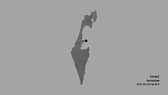 Tel Aviv, district of Israel, with its capital, localized, outlined and zoomed with informative overlays on a bilevel map in the Stereographic projection. Animation 3D