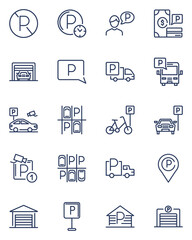 Parking line icons set. Car parked at road sign, parking lot, garage, valet, app, places for parking bike, bus and truck. Vector illustrations for city transport, transportation, driving concepts