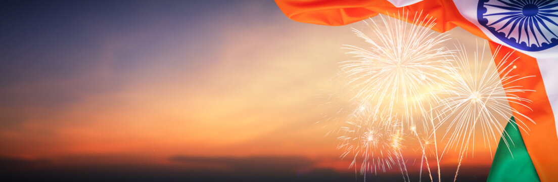 Celebration colorful firework on india flag pattern on sky background concept indian 15 august republic independence day, symbol of nepal freedom culture and democracy in  festive celebration travel