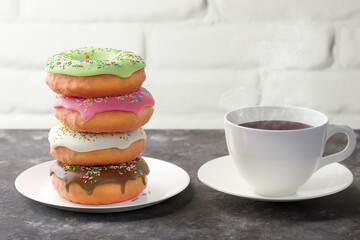 3d illustration. Donut and coffee on the table and a brick wall