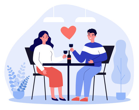 Happy Young Couple Dating In Restaurant On Valentines Day. Man And Woman Sitting At Table, Drinking Wine, Celebrating Anniversary. Illustration For Relationship, Love, Romantic Dinner Concept