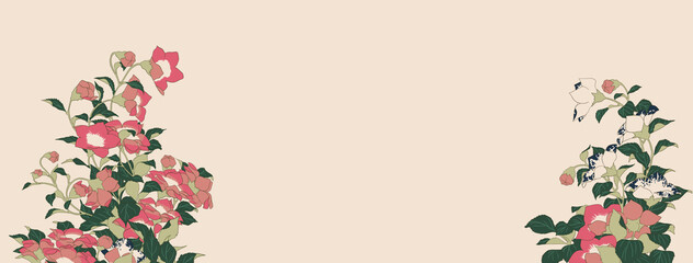 Drawn colourful morning glory on border of banner old paper with copy space in ukiyo style