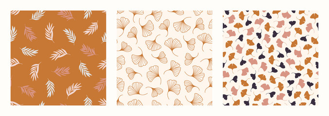 Palm Ginkgo Biloba Leaves Seamless Pattern in a Trendy Minimal Style. Outline of a Tropical palm Background. Vector